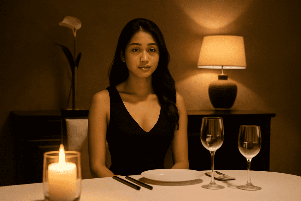 Woman in black dress sits at a table set for two lit by candlelight Malay Escort