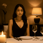 Woman in black dress sits at a table set for two, lit by candlelight.