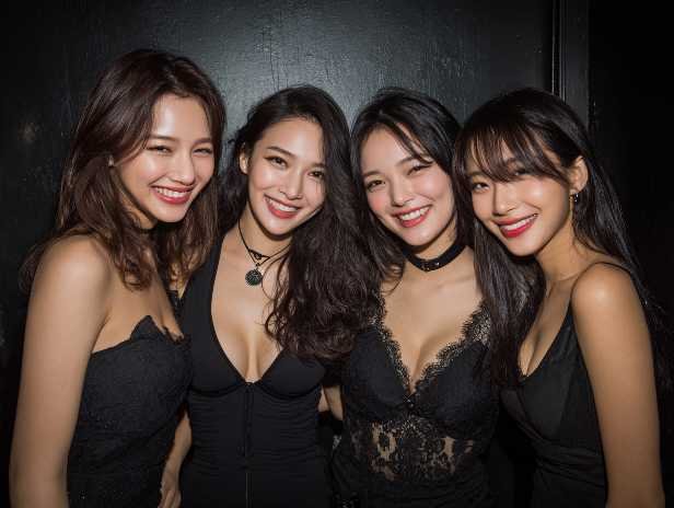 Four women smiling, wearing black dresses, ready for a night out.