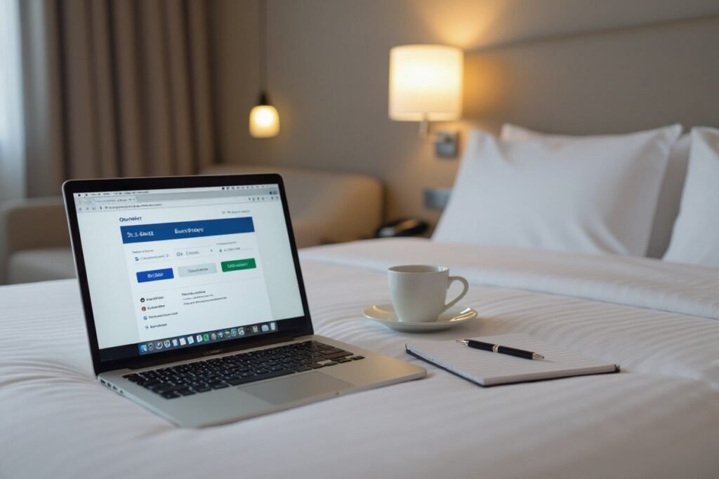 Laptop, notebook, pen, and coffee cup on a hotel bed. Remote work setup.