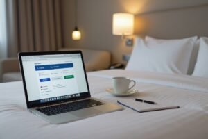 Laptop, notebook, pen, and coffee cup on a hotel bed. Remote work setup.