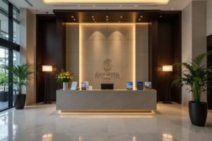 Elegant luxury hotel lobby with marble floors, plants, and a modern reception desk.