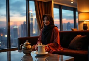 Woman in hijab enjoys tea with city view. Kuala Lumpur backdrop.