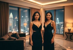 Two women in black dresses pose in a luxury apartment with a city skyline view at night.