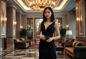 Elegant Asian woman in black dress holding a clutch in a luxury hotel lobby.
