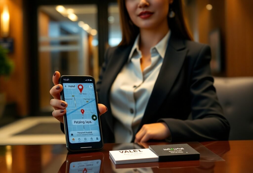 Hotel concierge showing a map app on a smartphone. VALET brand visible.