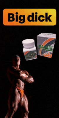 Tadalafil pills, box, and muscular man. Text: "Big dick.