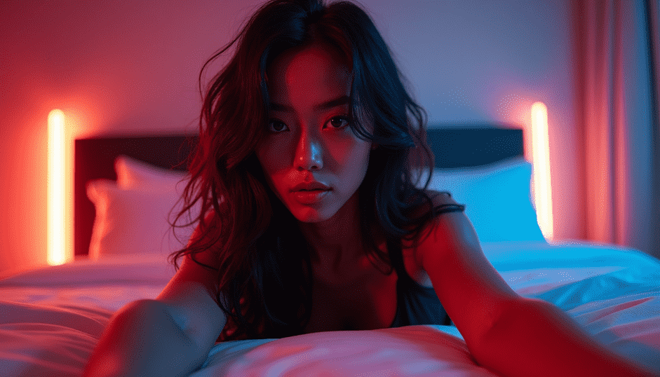 Woman with dark hair in red and blue light, KL ambiance
