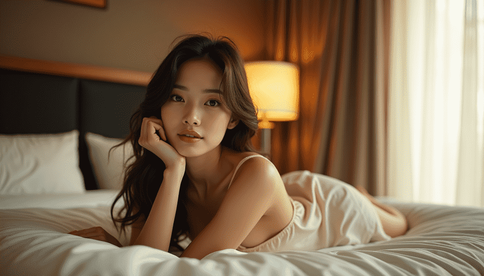 Woman in a silk slip lying on a bed, professional and elegant hotel setting.