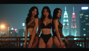 Three women in lingerie pose with Kuala Lumpur skyline at night.