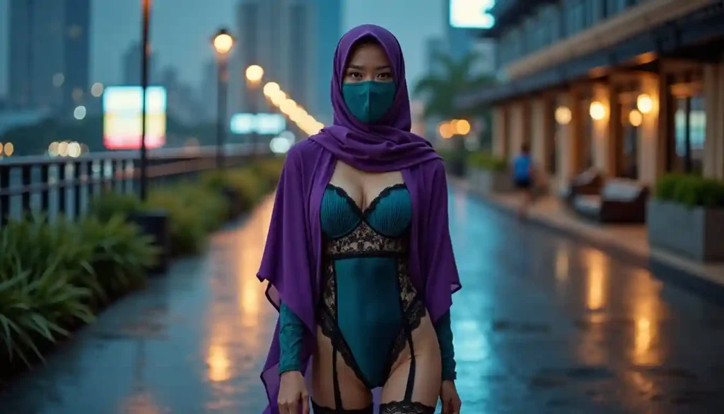 Woman in purple hijab and teal lingerie walks on wet city street