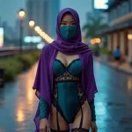 Woman in purple hijab and teal lingerie walks on wet city street