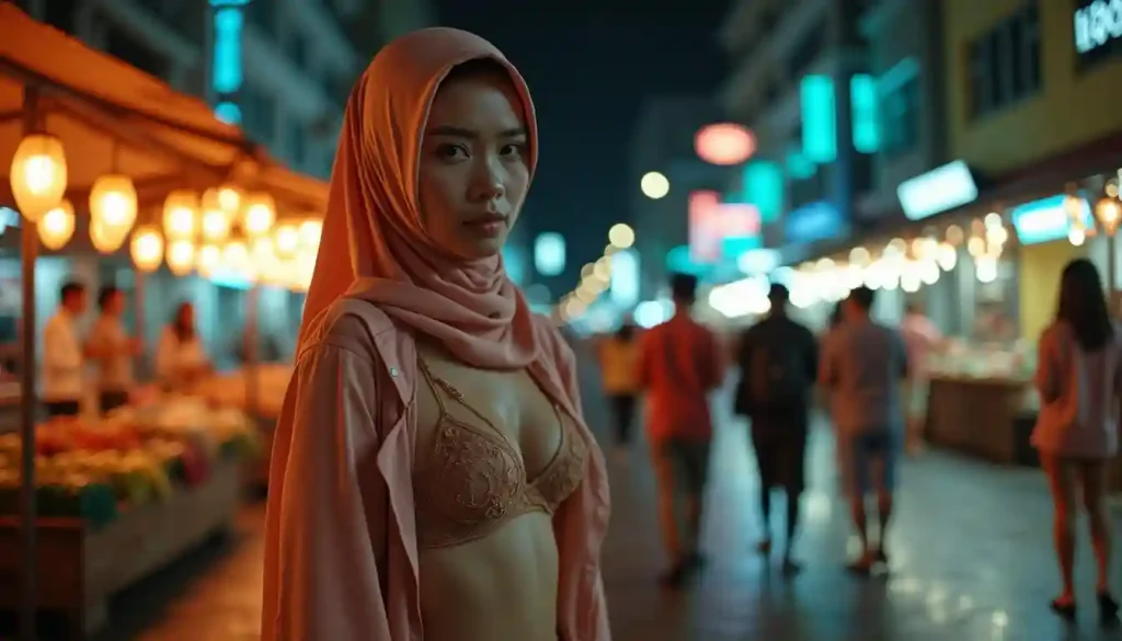 Woman in hijab and bra on a bustling night market street