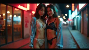 Two young women in lingerie stand on a city street at night.