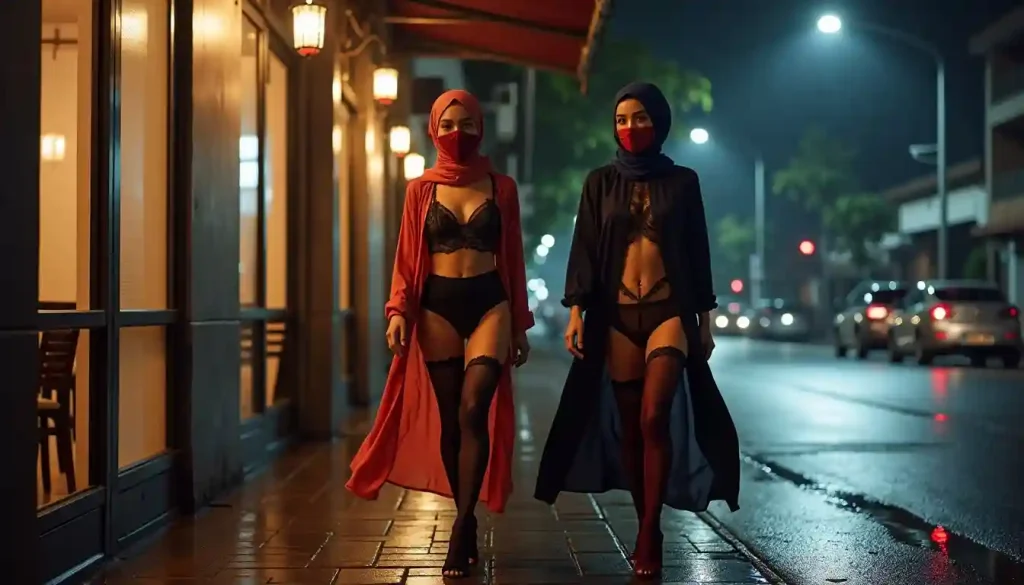 Two women in hijabs walk down a wet city street at night