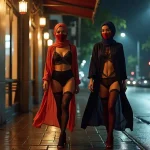 Two women in hijabs walk down a wet city street at night