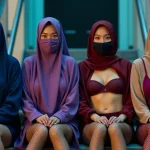 Four young women in hijabs and masks, two in modest attire, two in revealing tops