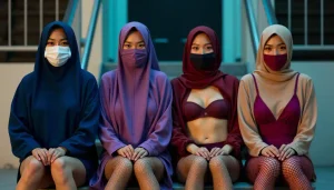 Four young women in hijabs and masks, two in modest attire, two in revealing tops