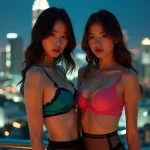 Two attractive women in lingerie pose against a city skyline at night.